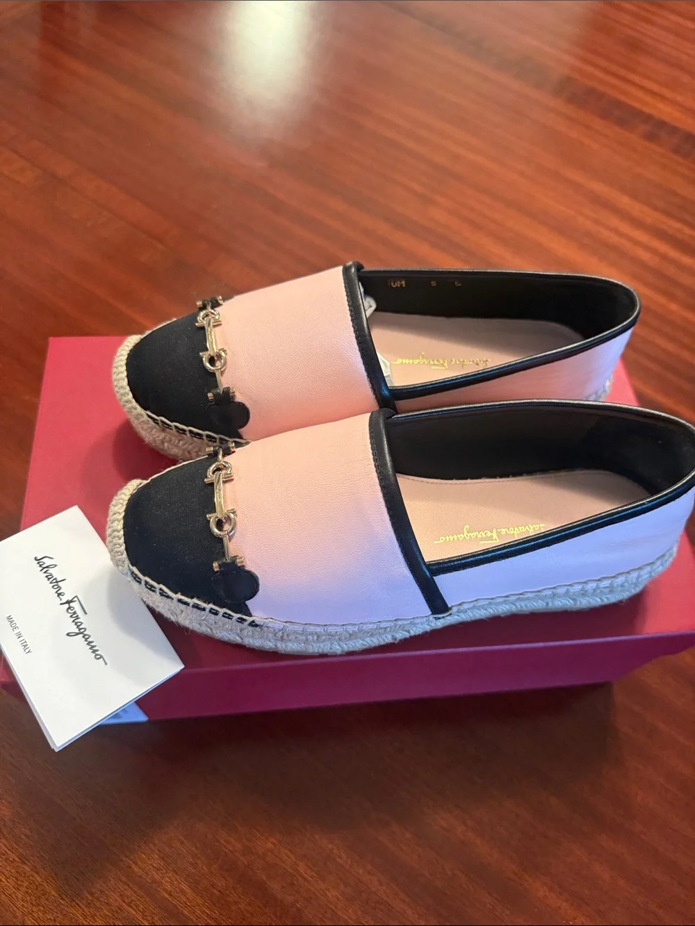 Salvatore Ferragamo Pink and black Leather Espadrilles with Gancini Trim